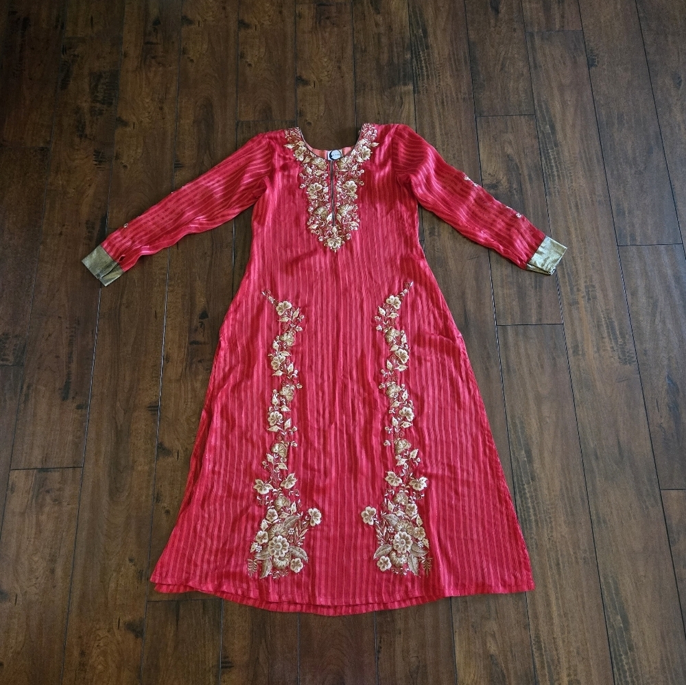 Embroidered Salwar Kameez Dupatta Long Scarf Red Gold Chiffon Party Wear Dress - Picture 2 of 16